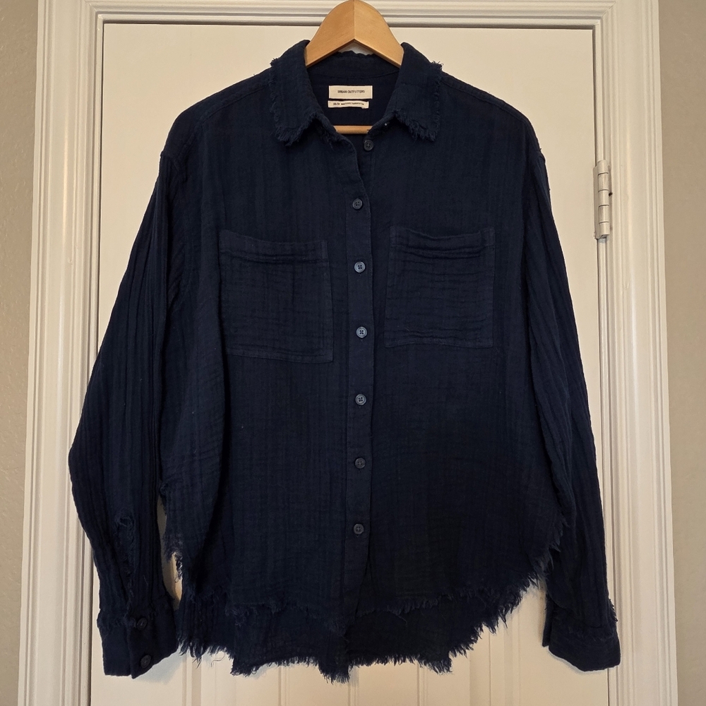 Urban Outfitters Cotton Muslin Gauze Frayed Hem Shirt Blue Extra Small